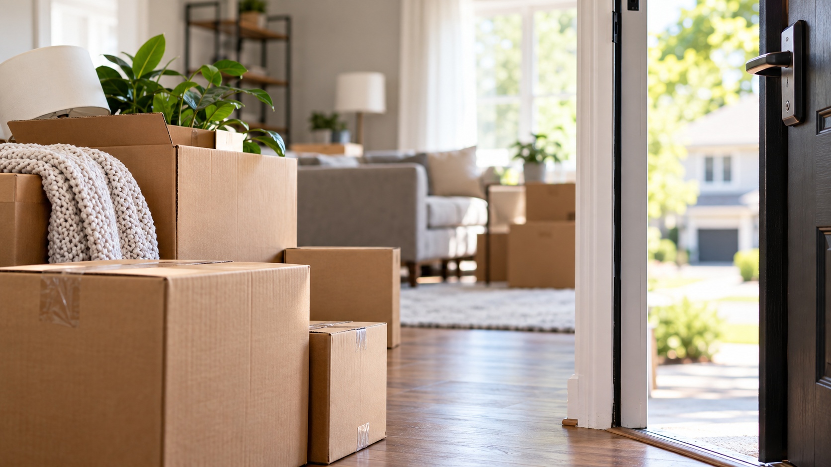 moving boxes in a house with blanket, couch, and curtains in the background