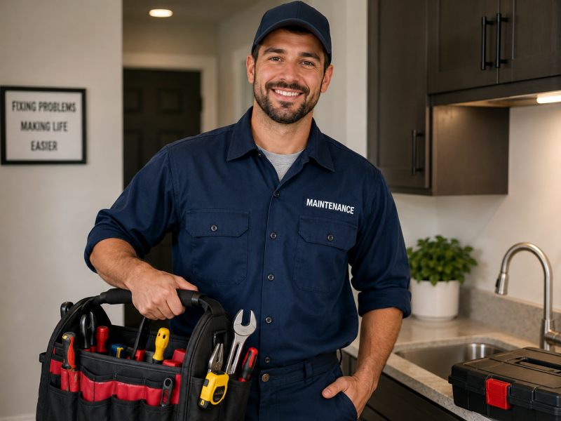 Maintenance guy working in a house holding a toolbox