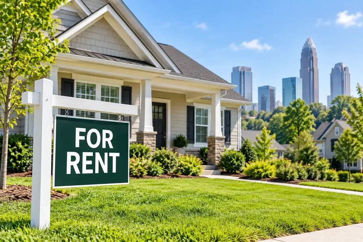 photo of house with for rent sign and lawn, and words how long should it take to rent out your charlotte rental property