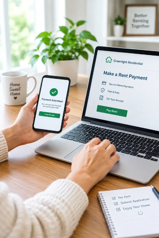Picture of a tenant paying rent online on Greenlight Residential website