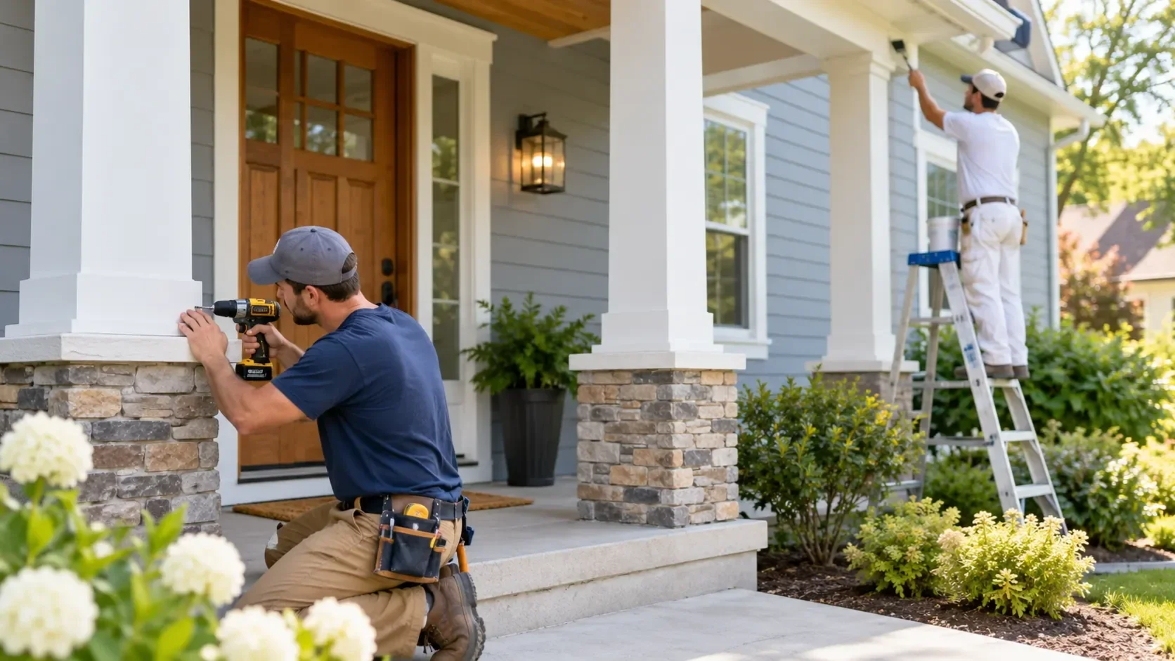 two handymen working outside on a house