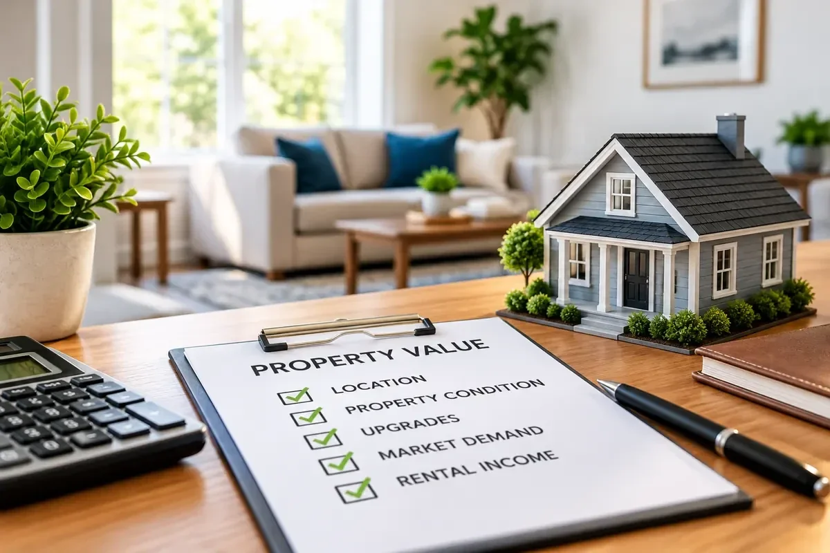 Photo of clipboard and paper with a small house on a desk and words