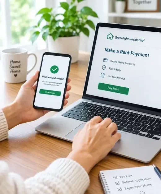Picture of a tenant paying rent online on Greenlight Residential website