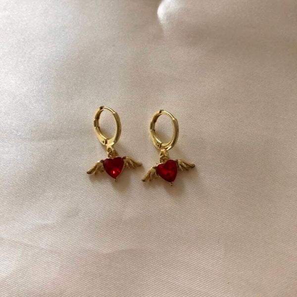 earrings flying hearts red gold