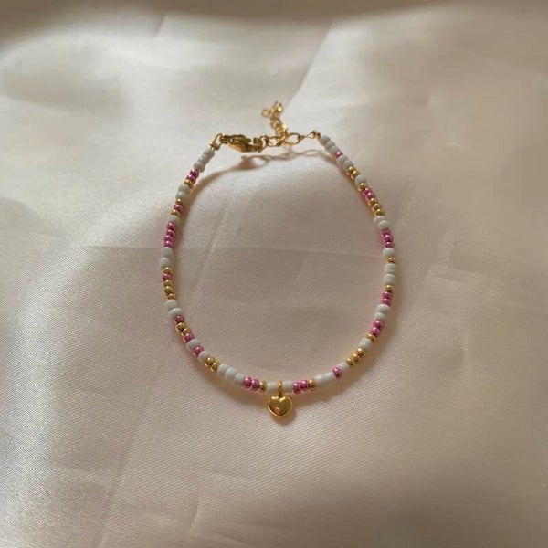 bracelet beaded pink white gold heart