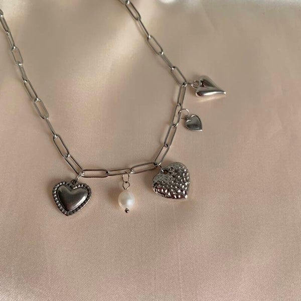 necklace charms hearts & pearls silver