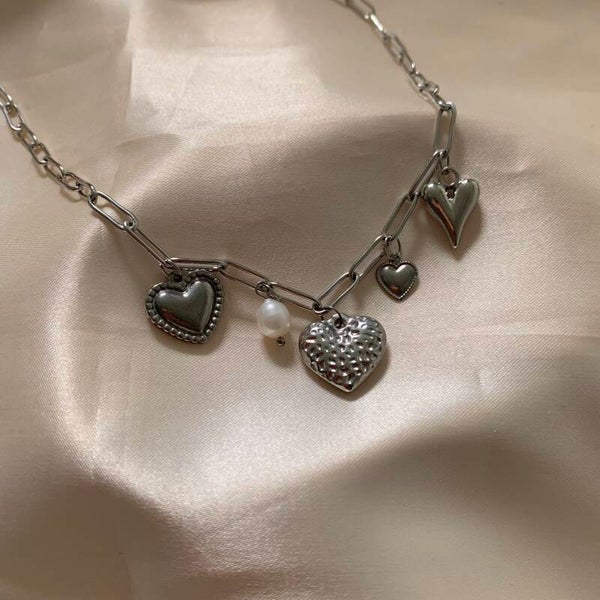 necklace charms silver hearts & pearl