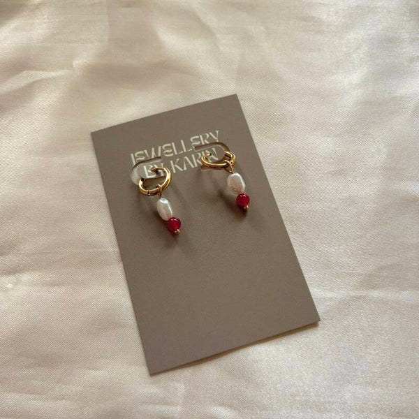 earrings red pearls gold