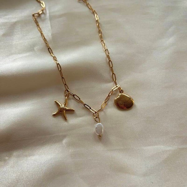 necklace 3 charms sea pearl