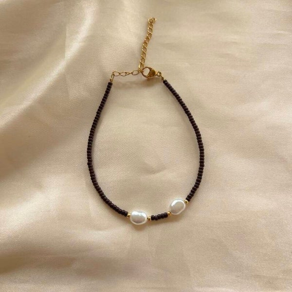 bracelet brown beads gold pearls