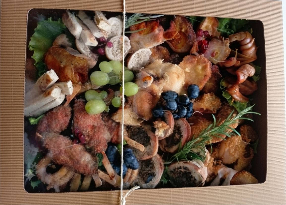 Box cateringowy z przekąskami i deską przekąsek