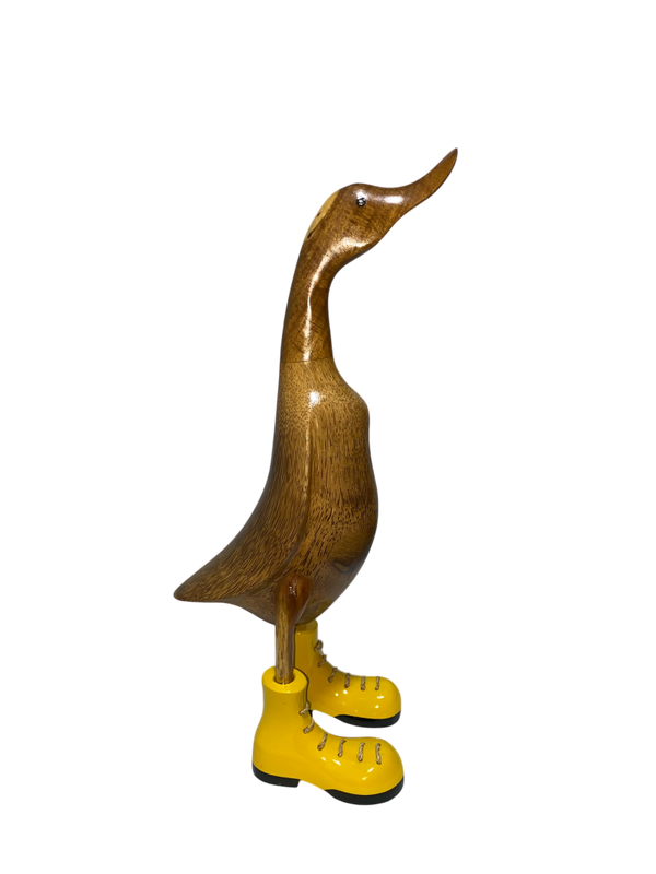 Canard en bois avec bottes jaunes – Décoration artisanale lumineuse et naturelle