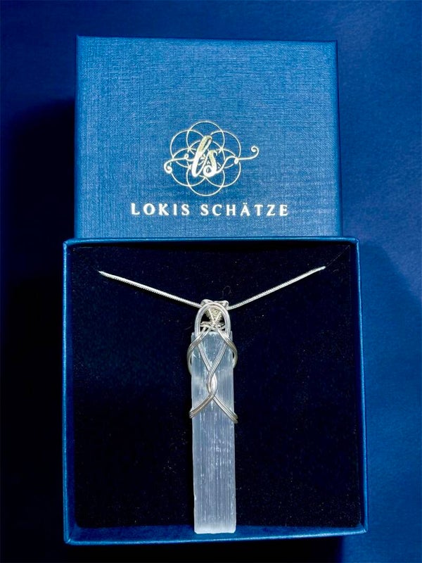 Selenit Halskette handgemacht | Schutz- und Heilstein | Roher Kristall mit Leder- oder Silberkette | Spiritueller Schmuck