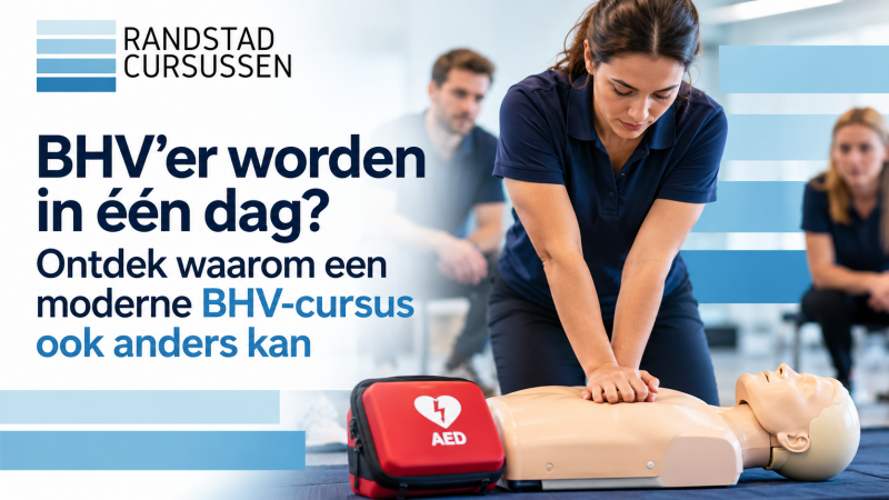 BHV’er worden in één dag? Randstad Cursussen toont een praktijktraining reanimatie met AED en de mogelijkheden van moderne online BHV-cursussen