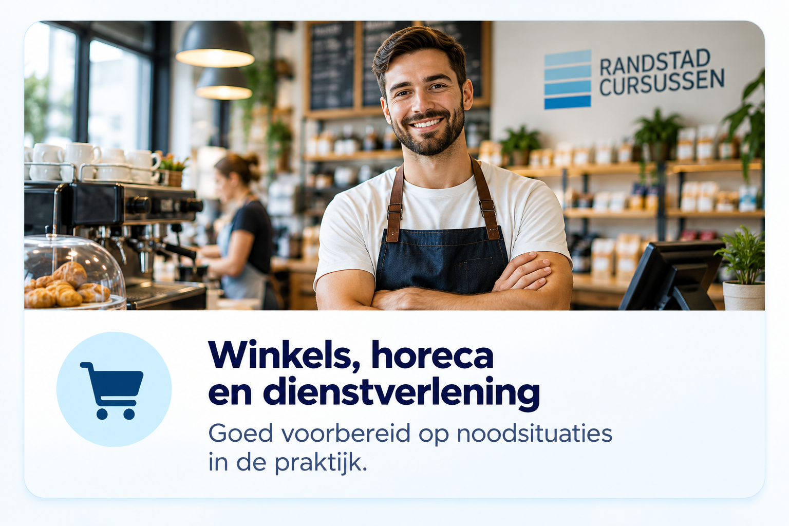 Medewerker in winkel, horeca of dienstverlening volgt een online BHV cursus bij Randstad Cursussen en behaalt flexibel zijn BHV-certificaat.