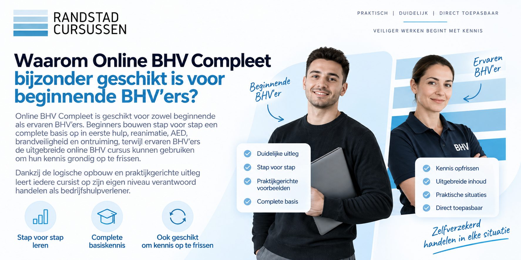 Online BHV Compleet van Randstad Cursussen – praktijkgerichte online BHV cursus voor beginnende en ervaren BHV’ers met eerste hulp, reanimatie, AED, brandveiligheid en ontruiming.