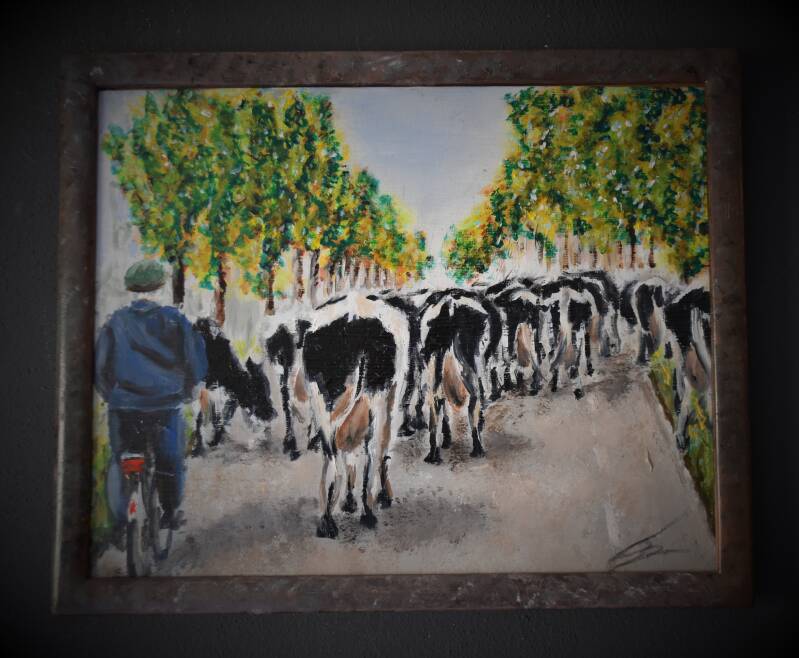 Boer met koeien, olieverfschilderij door Corinne van Atelier de Veldbloem in Emst, Epe, Vaassen, Gelderland, Veluwe, landschap
