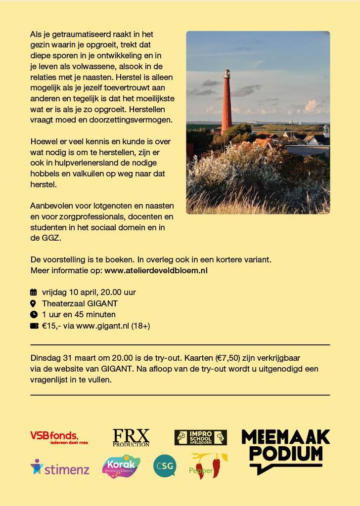 Corinne Bronsink van Atelier de Veldbloem in Emst te zien in de theatervoorstelling 'Keep on dreaming', een voorstelling over herstellen van jeugdtrauma. Ook welkom in het atelier voor schilderijen, schilderles, creatieve workshops