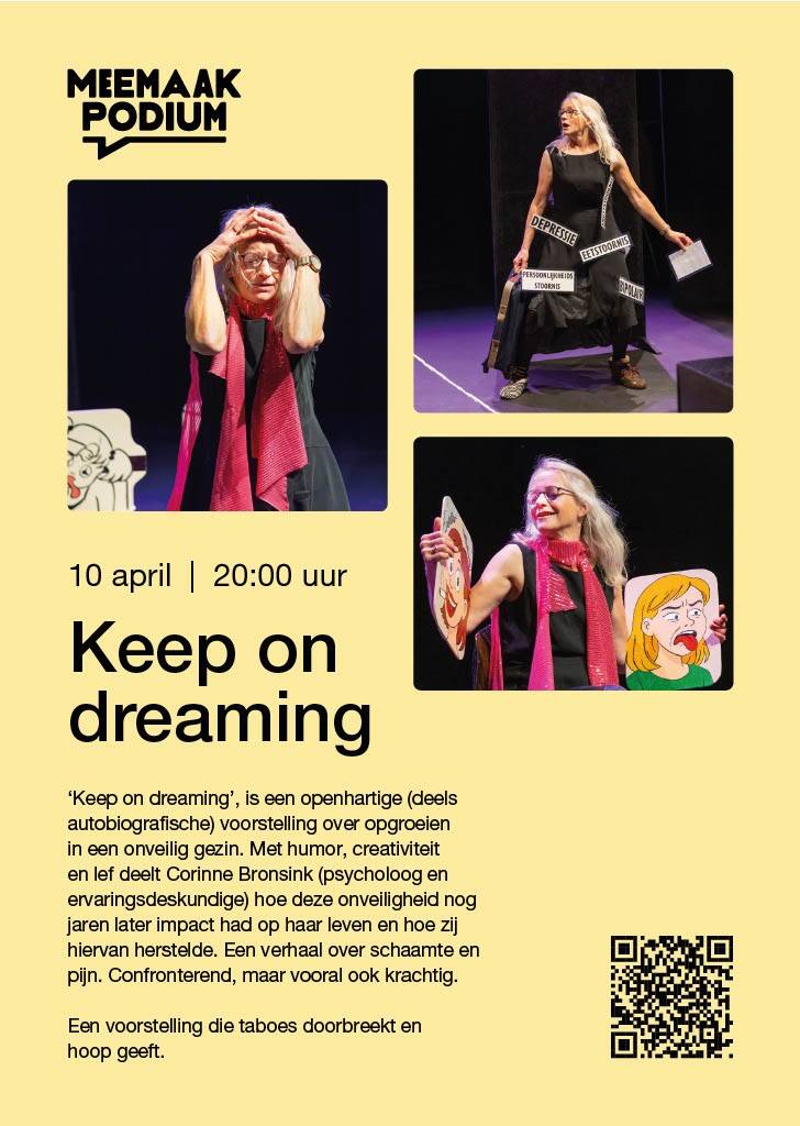 Corinne Bronsink van Atelier de Veldbloem in Emst te zien in de theatervoorstelling 'Keep on dreaming', een voorstelling over herstellen van jeugdtrauma. Ook welkom in het atelier voor schilderijen, schilderles, creatieve workshops