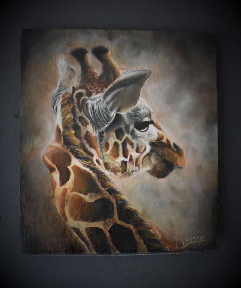 olieverfschilderij: 'giraffe in beeld' van Corinne. Atelier de Veldbloem in Emst, Epe, Vaassen, Gelderland, Veluwe. Dieren, giraf