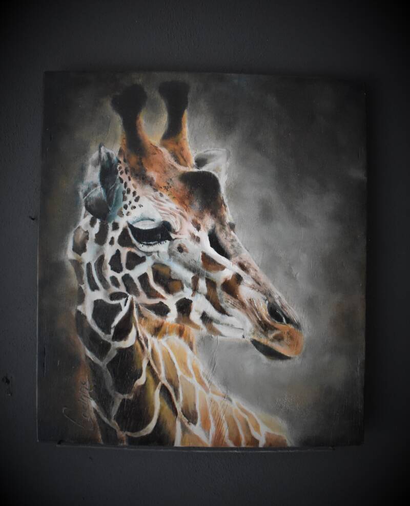 olieverfschilderij: 'giraffe in beeld' van Corinne. Atelier de Veldbloem in Emst, Epe, Vaassen, Gelderland, Veluwe. Dieren, giraf