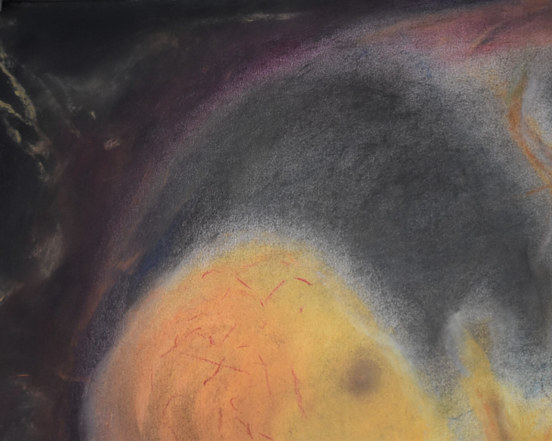 Bedreigd kind, vroegkinderlijk trauma, pastelkrijt, tekening door Corinne van Atelier de Veldbloem in Emst, Epe, Vaassen, Gelderland, Veluwe