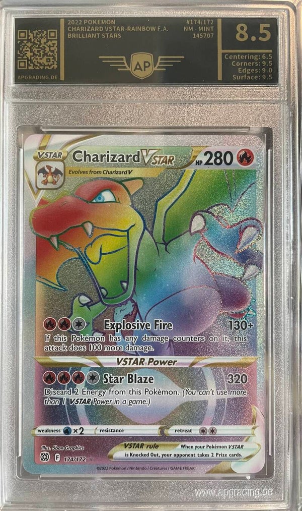 Brilliant Stars 2022 Charizard Vstar Rainbow AP Graded 8,5