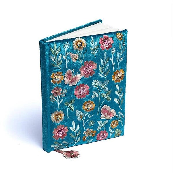 Fluwelen notitieboek blauw met bloemen