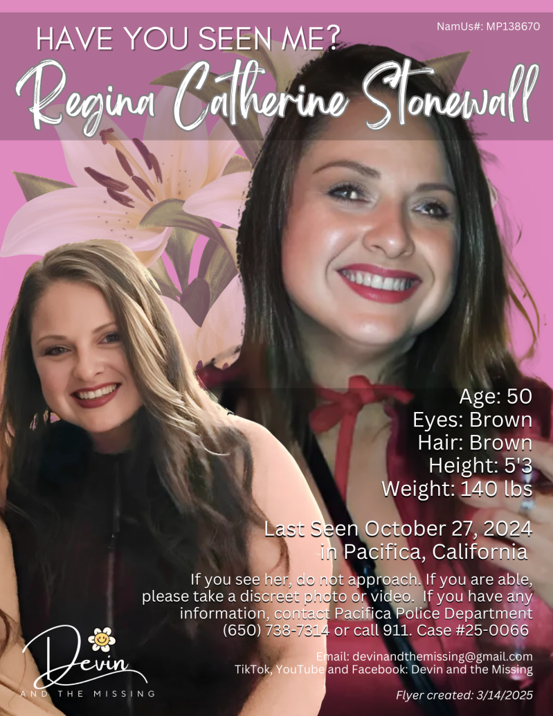 Regina Catherine Stonewall missing from Pacifica, CA