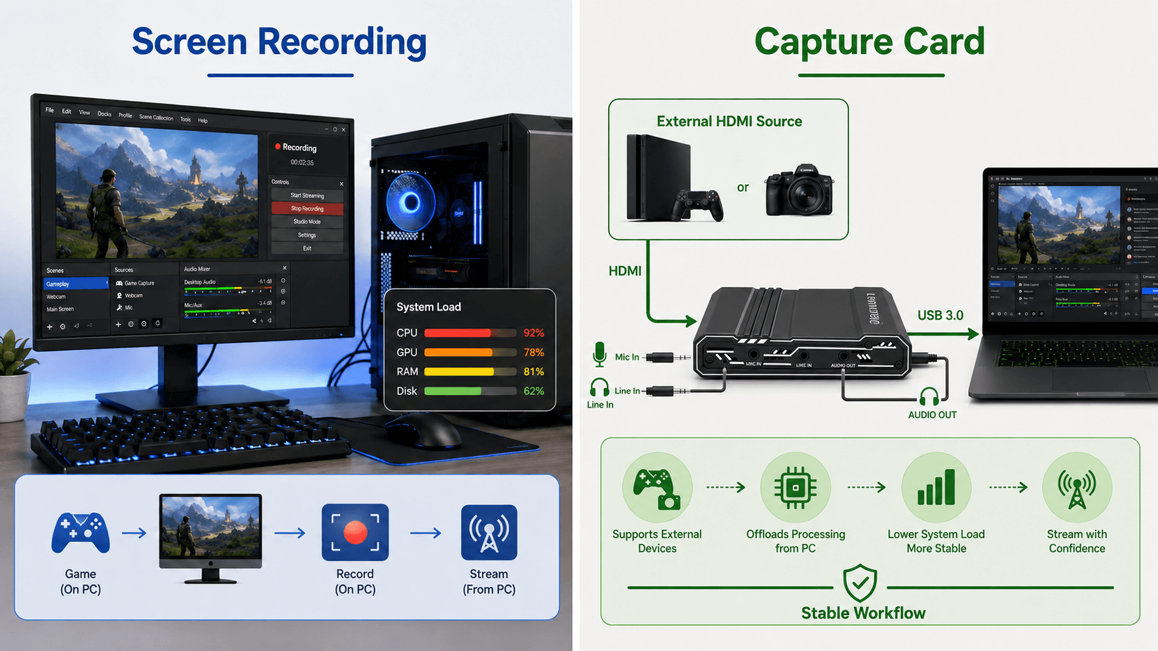 Lemorele HDMI capture card voor externe HDMI-bronnen, lagere systeembelasting en stabiele streaming