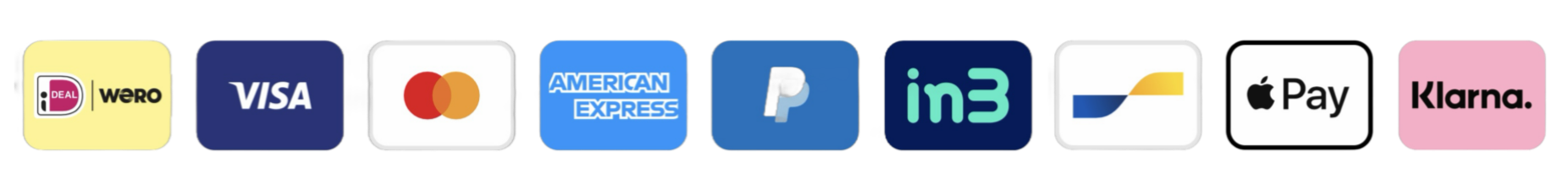 alt="Betaalmethoden: iDEAL, Visa, Mastercard, American Express, in3, Apple Pay en Klarna"
