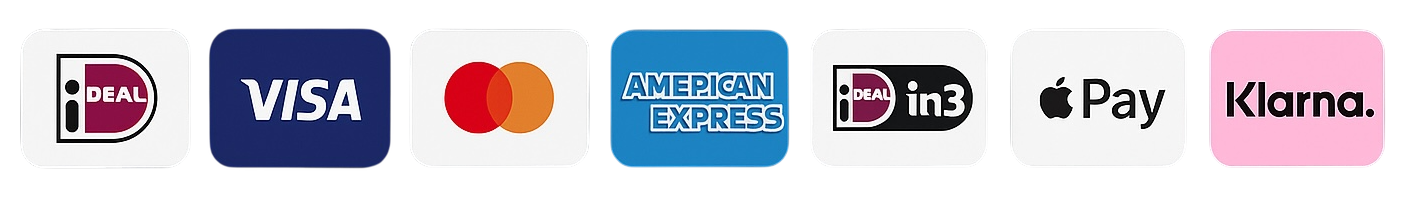alt="Betaalmethoden: iDEAL, Visa, Mastercard, American Express, in3, Apple Pay en Klarna"