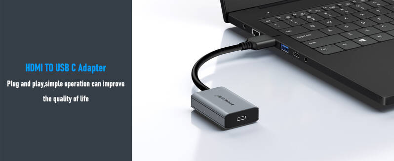 Lemorele HDMI naar USB-C adapter aangesloten op laptop voor plug en play beeldweergave