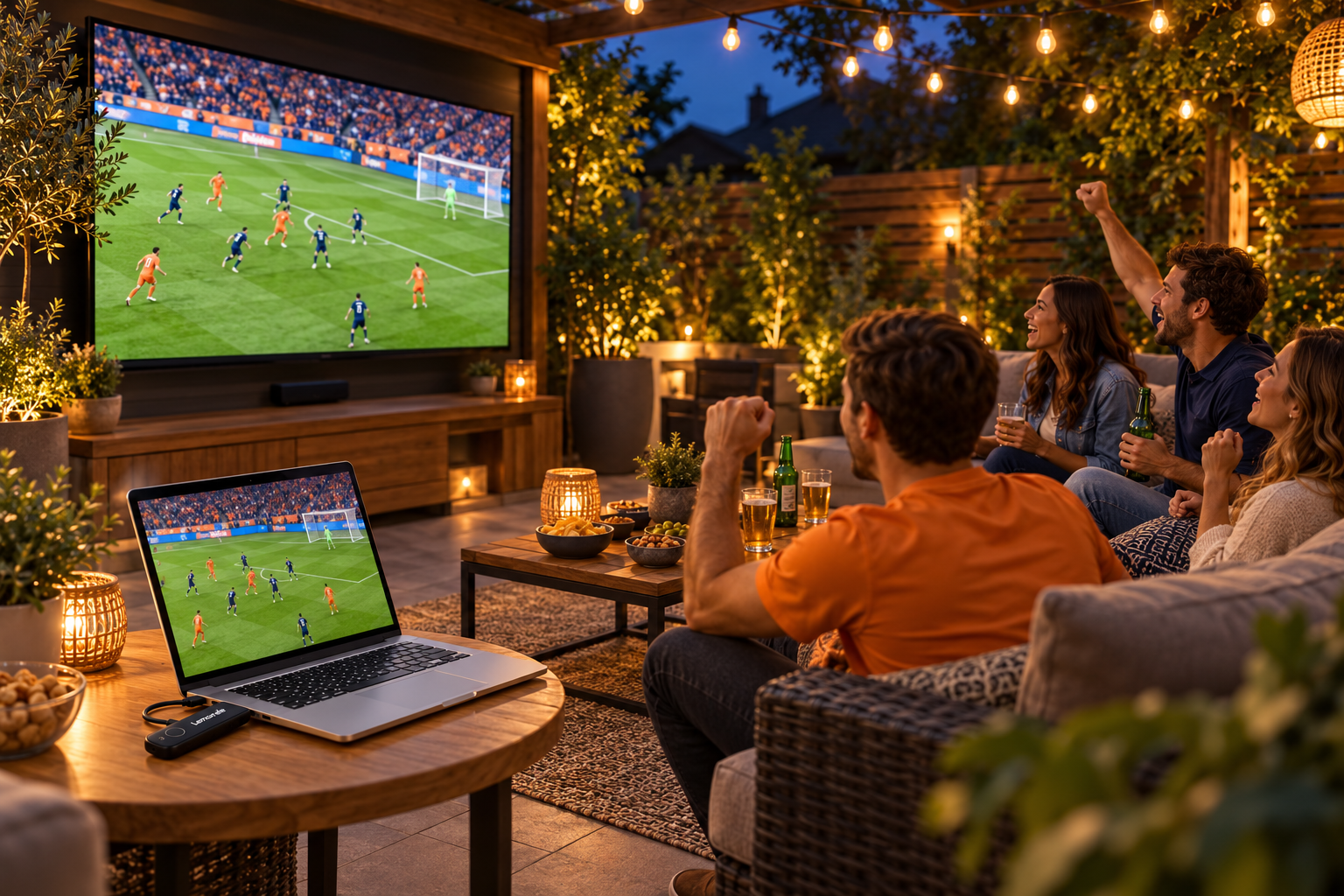 Draadloos footbal kijken in de tuin met Lemorele HDMI oplossingen