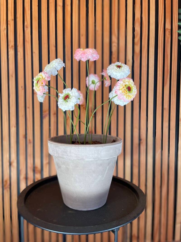 Pot grijssteen met kunst zinnia’s