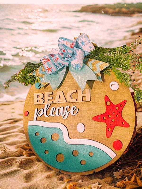 Custom Laser -Cut Beach Wood Door Sign- Foliage and Bow Accent