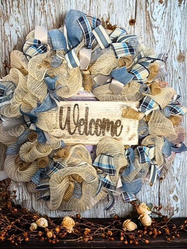 Custom Deco Mesh Wreath with laser engraved wood sign