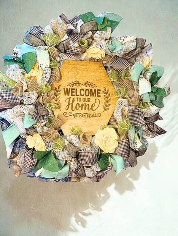 Floral Deco Mesh 14-Inch Wreath with Custom Laser-Engraved Wood Sign