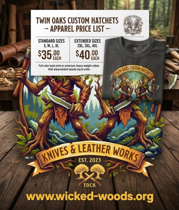 Twin oaks custom hatchets knives and leather works merchandise