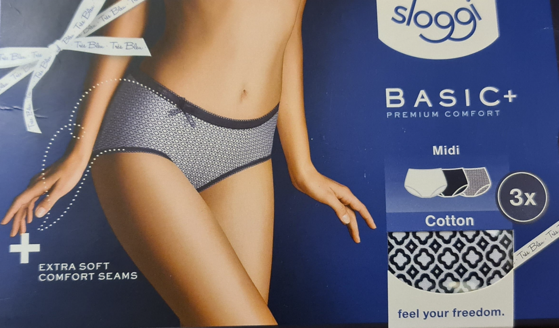 Sloggi basic midi set in 3 kleuren: wit, blauw en motief M008/B9