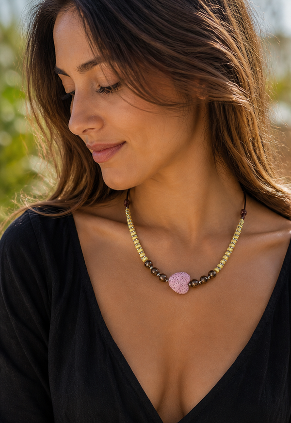 Handmade Halsketting Lava Hart – Leer met Natuursteen en Opaque Kralen