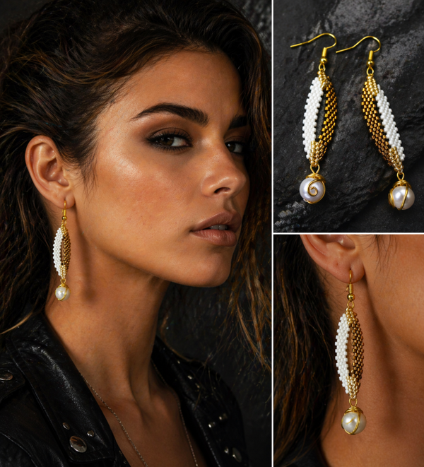 Luxe Miyuki Oorbellen Goud-Wit met Parel – Handgemaakt Statement Sieraad