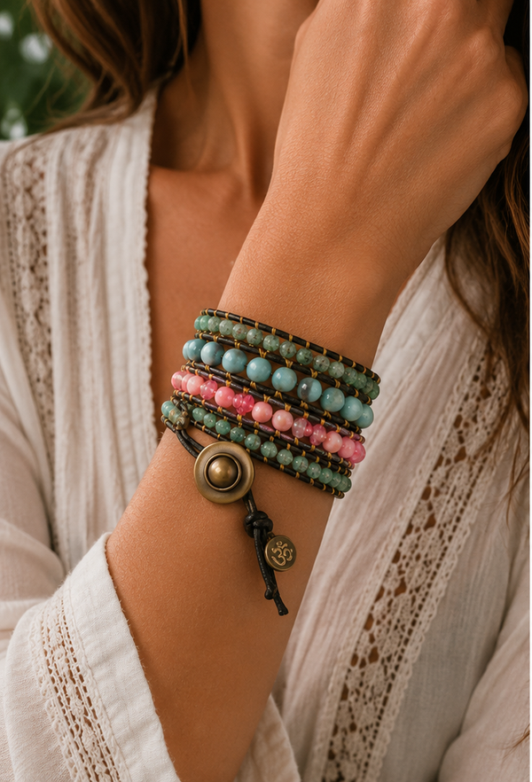 4-Lagen Wikkelarmband – Groene & Koraal Natuursteen met Goudaccenten