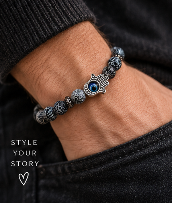 Natuursteen Armband – Agate Crackle met Hand van Fatima (Elastisch)