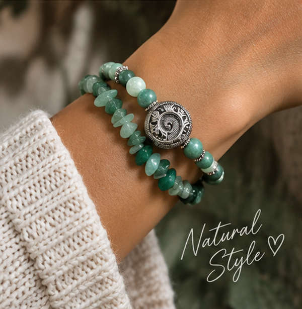 💚 Handmade Armbandenset – Aventurine Natuursteen & Hout
