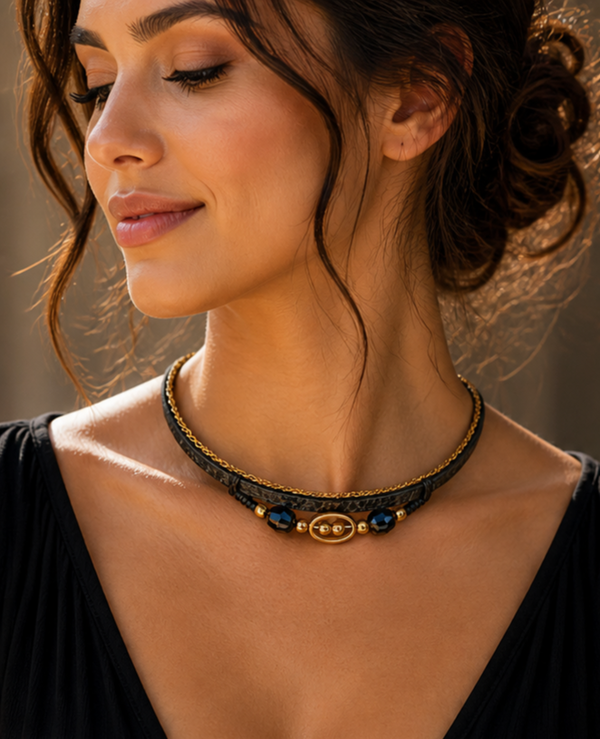 Elegante Choker met kralen – Zwart en Goud Design