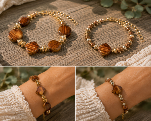 🤎 Handgemaakte Damesarmbanden – Wood & Gold Set van 2