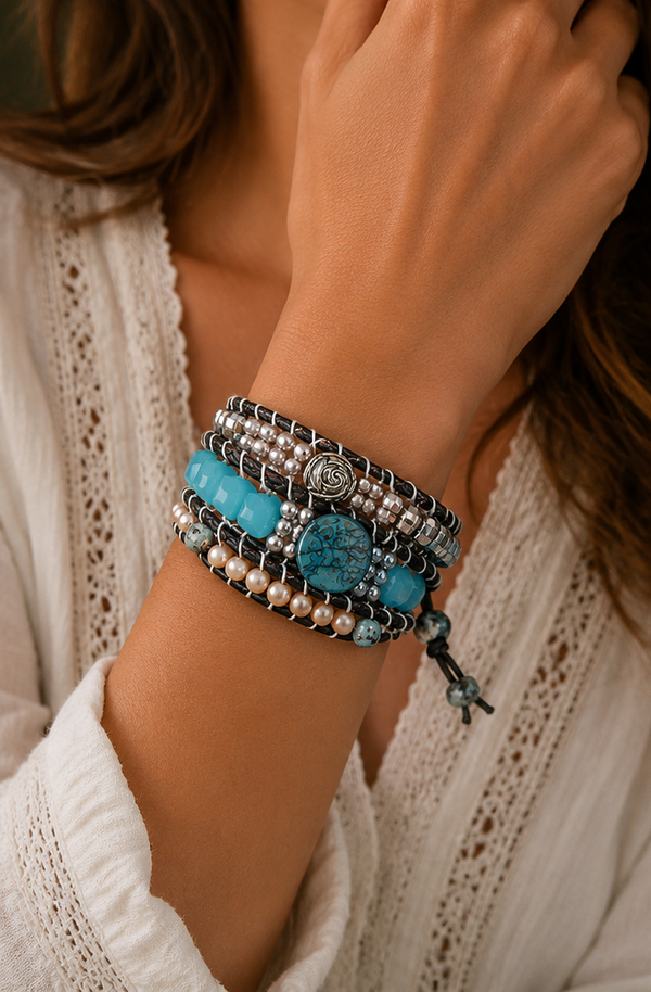 Handmade Wikkelarmband Blue Cube – Glaskralen & Imi-leer