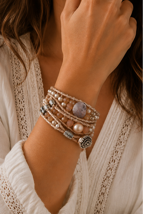 Handmade Wikkelarmband Nature – Glaskralen, Natuursteen & Imi-leer