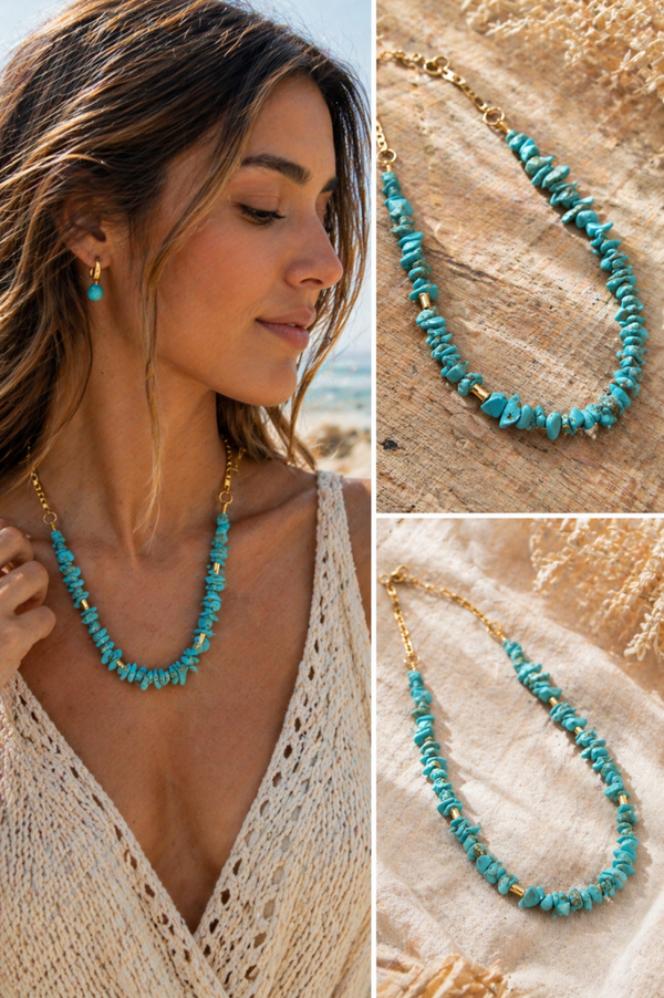 Turquoise Natuursteen Ketting met Gouden Accenten – Boho Chic Design